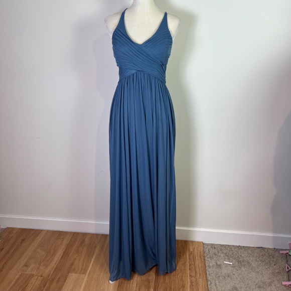 David’s Bridal Steel Blue Mesh Cut Out Spaghetti Strap Bridesmaid Dress NWT - Picture 2 of 13